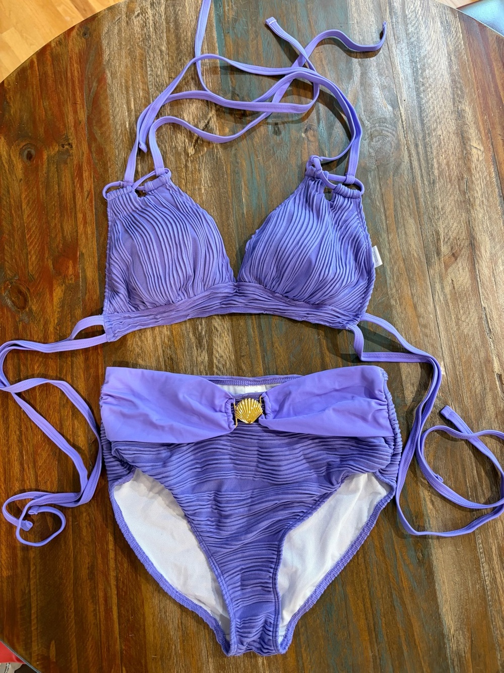 Lavender Pleated Two-Piece Bikini Set with Shell Accent
